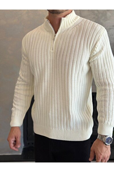 ECARTS Men's Thessaloniki Knitted Textured Zipper Collar Cotton Knitwear Sweater White Eca045