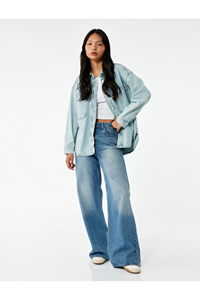 Koton Бавовняна сорочка з ґудзиками, зручний крій, класичний комір, кишені, джинсова тканина