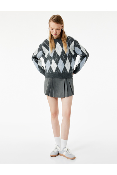 Koton Pulover de tricotaj cu mânecă lungă, cu decolteu rotund, cu model Argyle