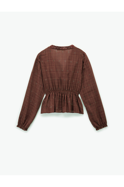 Koton Long Sleeve V Neck Viscose Blend Lace-Up Fisto Blouse