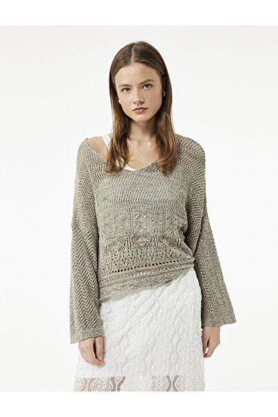 Koton Long Sleeve V-Neck Openwork Sweater