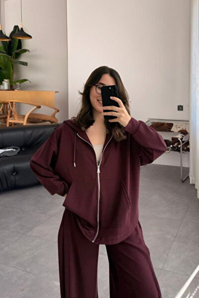 Le Savu Shilsee Women's Modal Fabric Hooded Zippered Cardigan-Tracksuit Set Burgundy