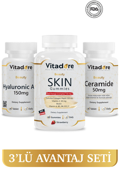 Vitadore 3'lü Beauty Set - Cilt için Vitaminler - Aydınlatıcı, Yoğun Nem ve C...