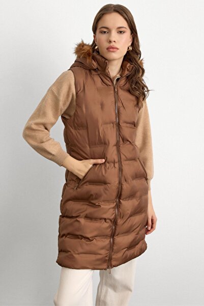 Olcay Removable Hooded Patterned Inflatable Vest Taba 8210