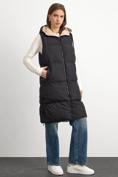 Olcay Hooded Zipper Closure Double Sided Inflatable Vest BLACK-STONE 8226