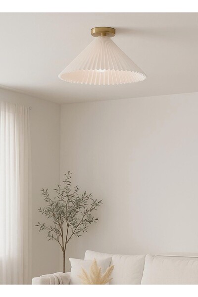 burenze Modern Tasarım Umbrella Plafonyer Tavan Avize Krem Kumaş Abajur Eskitme Gold Sarı