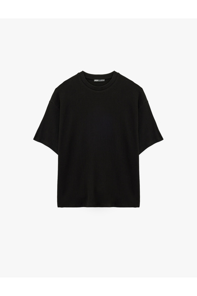 Koton Oversize Kısa Kollu Fitilli Tok Kumaş Bisiklet Yaka Pamuklu Tişört