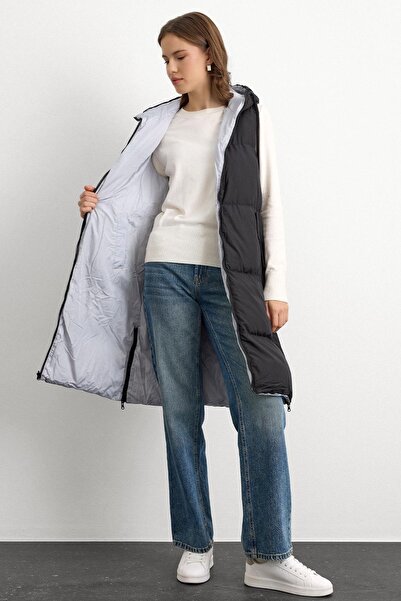 Olcay Hooded Zipper Closure Double Sided Inflatable Vest BLACK-GRAY 8226