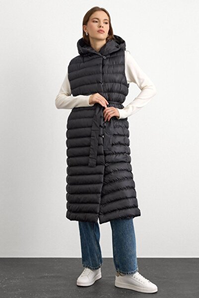 Olcay Hooded Button Closure Long Puffer Vest BLACK 8228