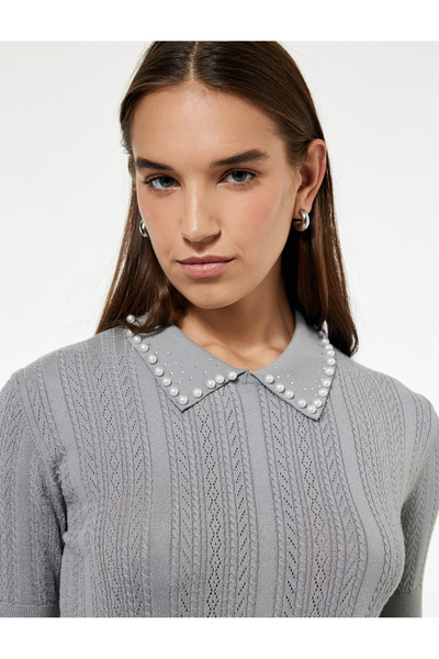 Koton Tricotaj Pulover cu mânecă scurtă cu guler polo cu detalii de perle