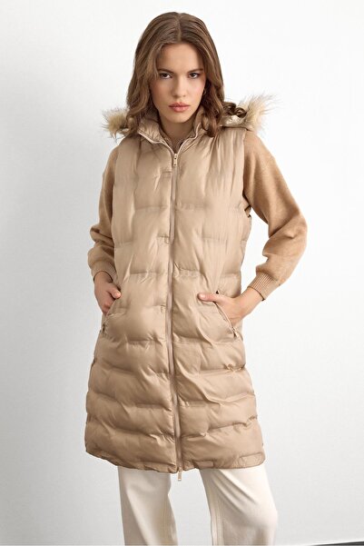 Olcay Removable Hooded Patterned Inflatable Vest Taş 8210