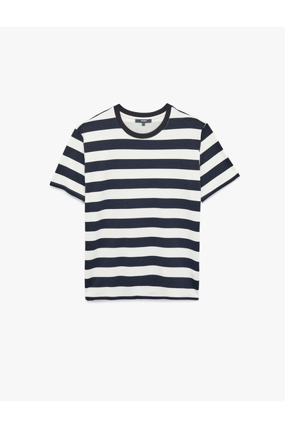 Koton Regular Fit Kısa Kollu Tok Kumaş Çizgili Bisiklet Yaka Tişört