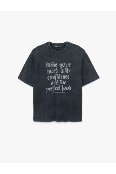 Koton Oversize Kısa Kollu Yıkamalı Bisiklet Yaka Baskılı Tişört