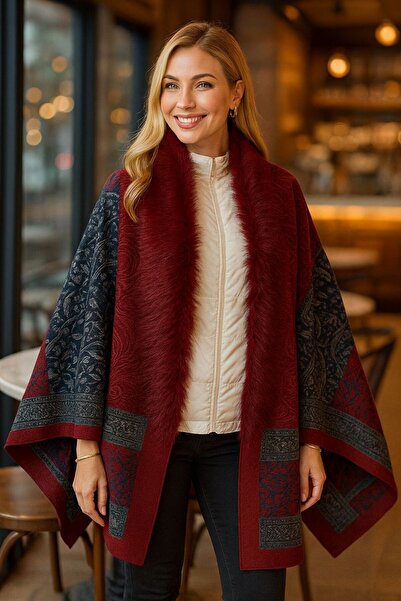 MARBERRY Γυναικείο πόντσο Claret Red με σχέδιο σάλι