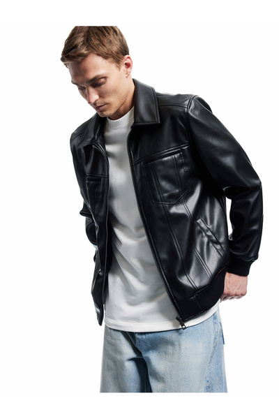 Koton Jachetă din piele artificială cu detaliu de buzunar cu fermoar și guler...