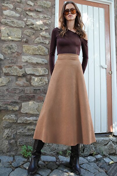 VAGGON Fusta midi cu croială largă din piele intoarsa maro pentru femei Vs01214