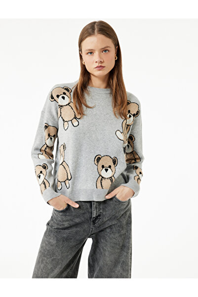 Koton Pulover de tricotaj cu mânecă lungă, cu decolteu, cu model de ursuleț d...