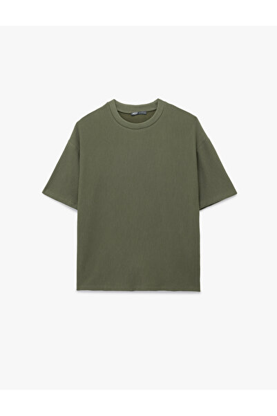 Koton Oversize Kısa Kollu Fitilli Tok Kumaş Bisiklet Yaka Pamuklu Tişört