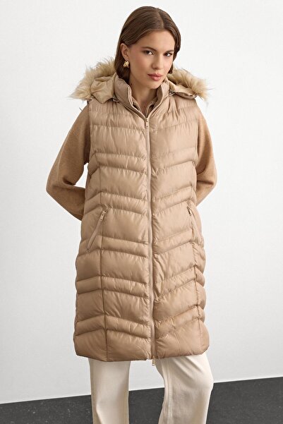 Olcay Furry Removable Hooded Inflatable Vest Stone 8192
