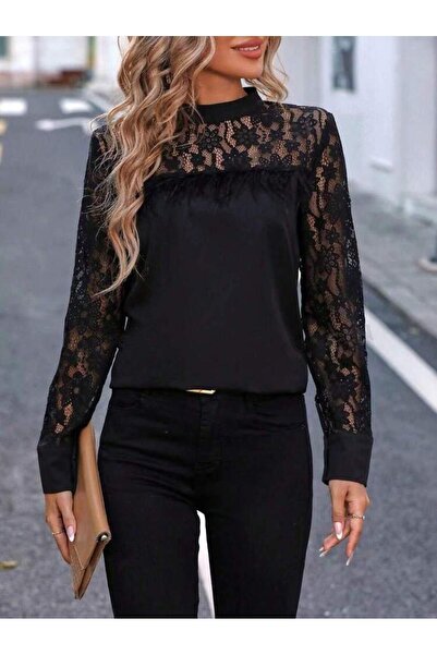 MADAMNİZ Γυναικεία μακρυμάνικη μπλούζα με ημι-ζιβάγκο με δαντέλα με άμμο