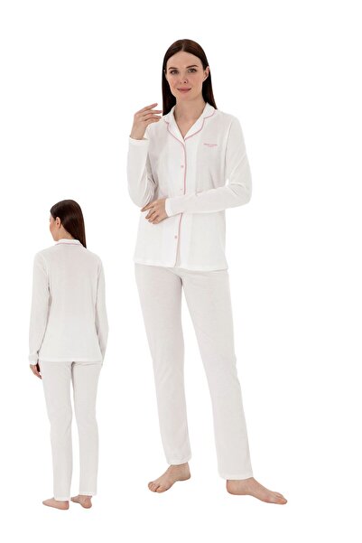 Pierre Cardin Kadın Gömlek Yaka Ekru Kutulu Pijama Takımı 2 Adet Çorap Hediyeli