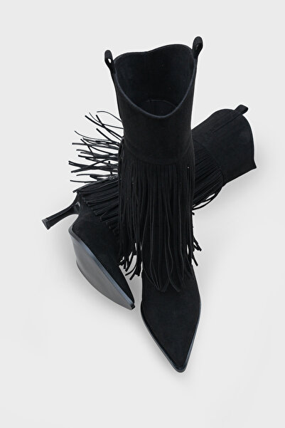 LOJO Női bojt részletesen kidolgozott sarkú, hegyes orrú cowboy alkalmi csizma, etersel fekete