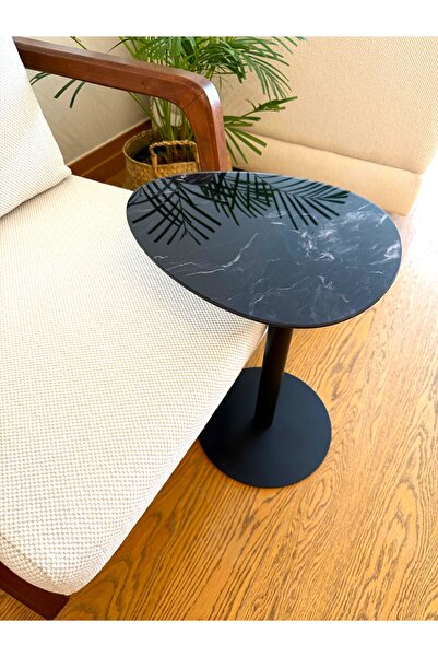 EFFE YAPI DEKOR Siyah Mermer Desenli Modern 40x30 CM Zigon Yan Sehpa 8 MM Temper Cam