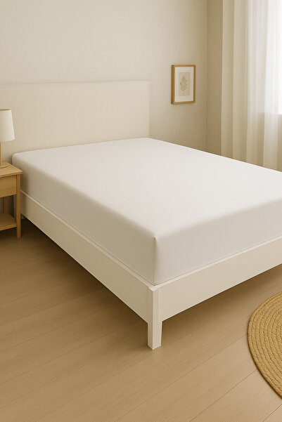 Leruum London White Elastic Double Bed Sheet 100% Cotton Sheet with Elastic 35 cm Depth