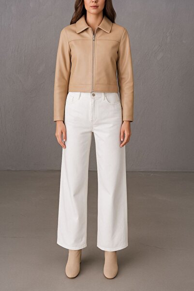 Dema White High Waist Denim Palazzo Trousers - Wide Leg Stylish Model