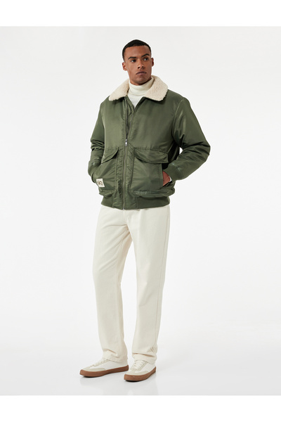 Koton Long Sleeve Pocket Detail Plush Collar Coat