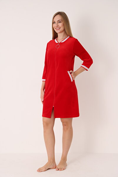 ROMEO LİFE Women's Cotton Velvet Zippered Winter Dress 3431
