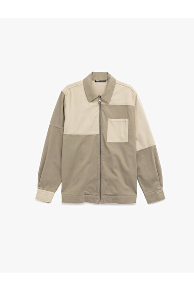 Koton Bumbac, detaliu de buzunar, contrast de culoare, guler clasic, mânecă lungă, cu fermoar, cămașă, jachetă