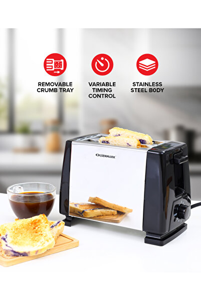 Olsenmark محمصة خبز بشريحتين بقوة 800 وات OMBT2398 فضي/أسود