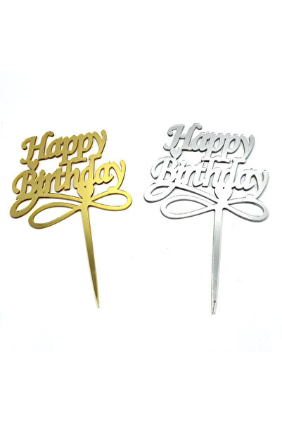 Neon Happy Birthday Pleksi Pasta Süsü Altın ve Gümüş 15 X 15 Cm