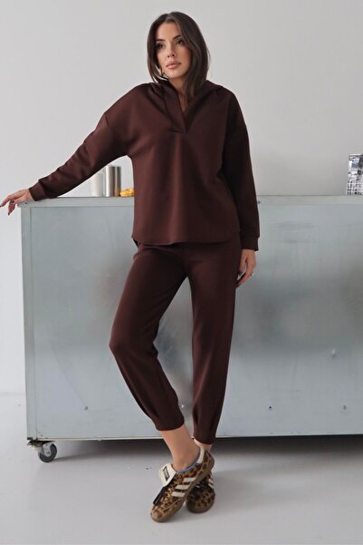 modavingo طقم نسائي مكون من قطعتين من قماش الغوص البني ذو الساقين الواسعتين