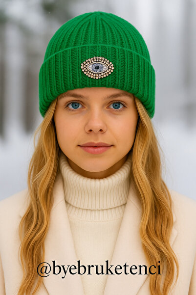 byebruketenci green woolen beret crystal bead eye detailed hat christmas gift