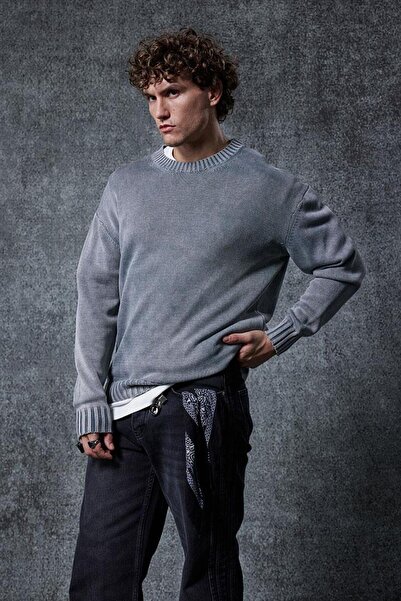 ablukaonline Men's Oversize Crew Neck Basic Knit Sweater Gray