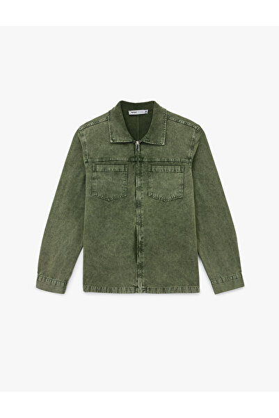 Koton Cotton Pocket Detailed Classic Collar Washed Zippered Jean Shirt Jacket