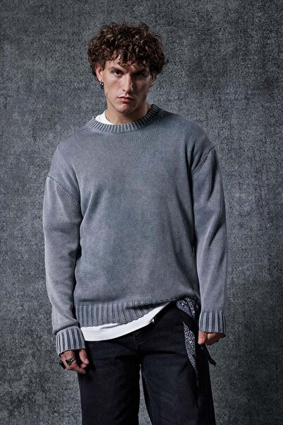 ablukaonline Men's Oversize Crew Neck Basic Knit Sweater Gray