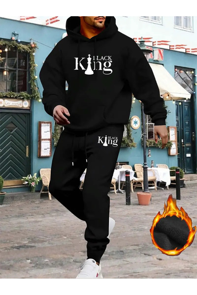 HOFFNUNG طقم بدلة رياضية بغطاء رأس كبير الحجم مطبوع عليه I'm Black King