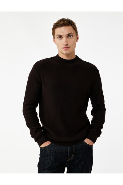 Koton Regular Fit Long Sleeve Textured Cotton Mock Neck Winter Knitwear Sweater