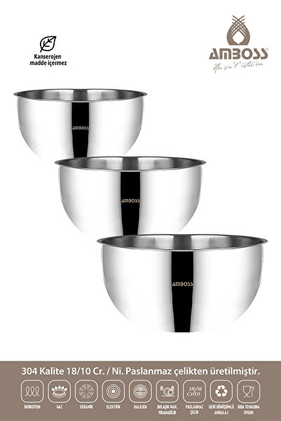 Amboss Satin 3'lü Karıştırma Kabı Paslanmaz Çelik Çok Amaçlı Kase