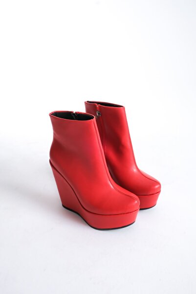 owwox club Eve ; Kırmızı Mat Deri,12 cm Dolgu Topuklu Kadın Bot