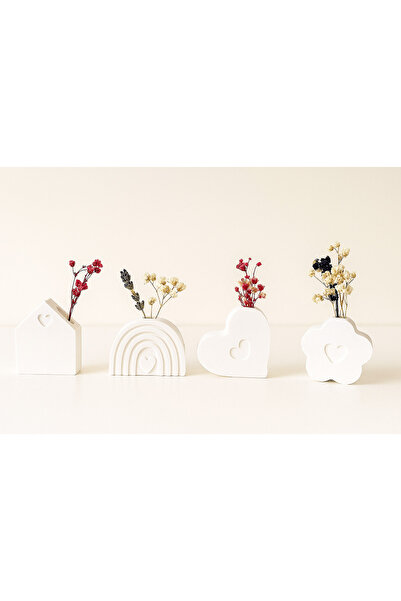 LalezarHome 4’lü Dekoratif Kalp, Ev, Bulut ve Gökkuşağı Figürlü Mini Vazo Seti