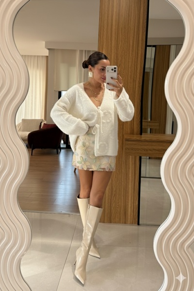 Le Savu Shilsee Women's Tie-Up Soft Ecru Knit Cardigan