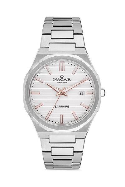 Nacar ساعة يد رجالية من الزجاج الياقوتي الفضي NC34-290356-ASM
