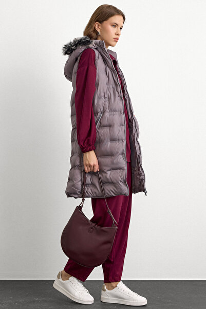Olcay Removable Hooded Patterned Puffer Vest Gray 8210
