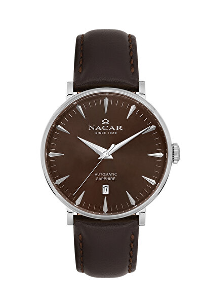 Nacar ساعة يد رجالية كلاسيكية باللون البني من زجاج الياقوت NC34-29B640-AKL2