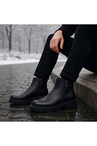 Zegeshoes Hakiki Deri Çift Fermuarlı Erkek Kışlık Bot Kaymaz Taban Su Geçirmez Koku Yapmaz Chelsea