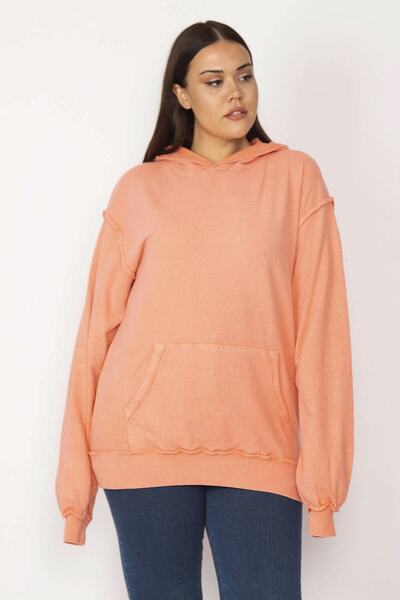 Şans Women's Large Size Orange Hooded Kangaroo Pocket Sweatshirt 65n29634